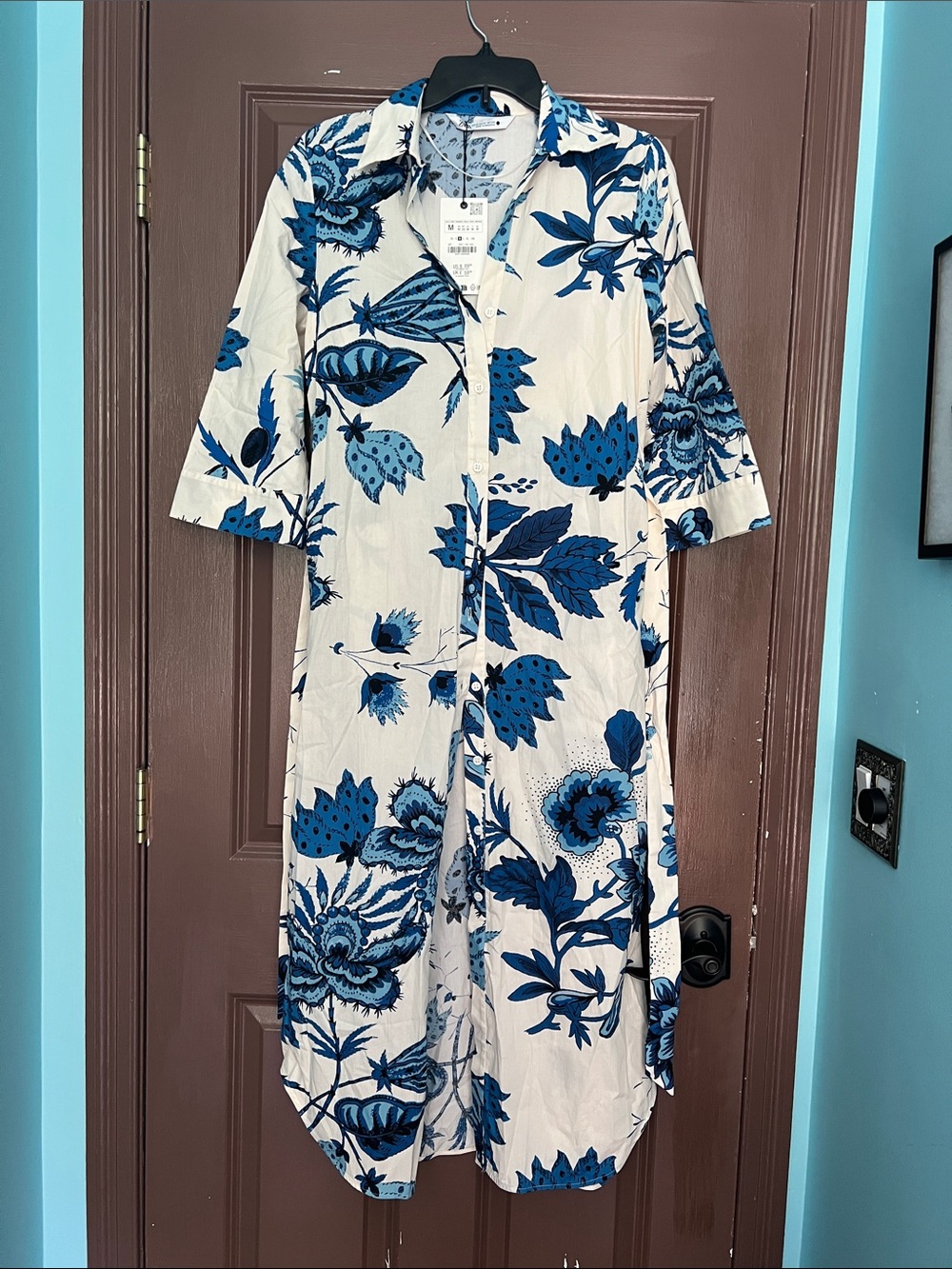 Zara Blue Floral Button-Down Shirt Dress M